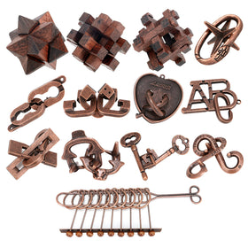 Mytothfy 13-piece brain teaser puzzle, wooden and metal mix, enhances focus and problem-solving skills.