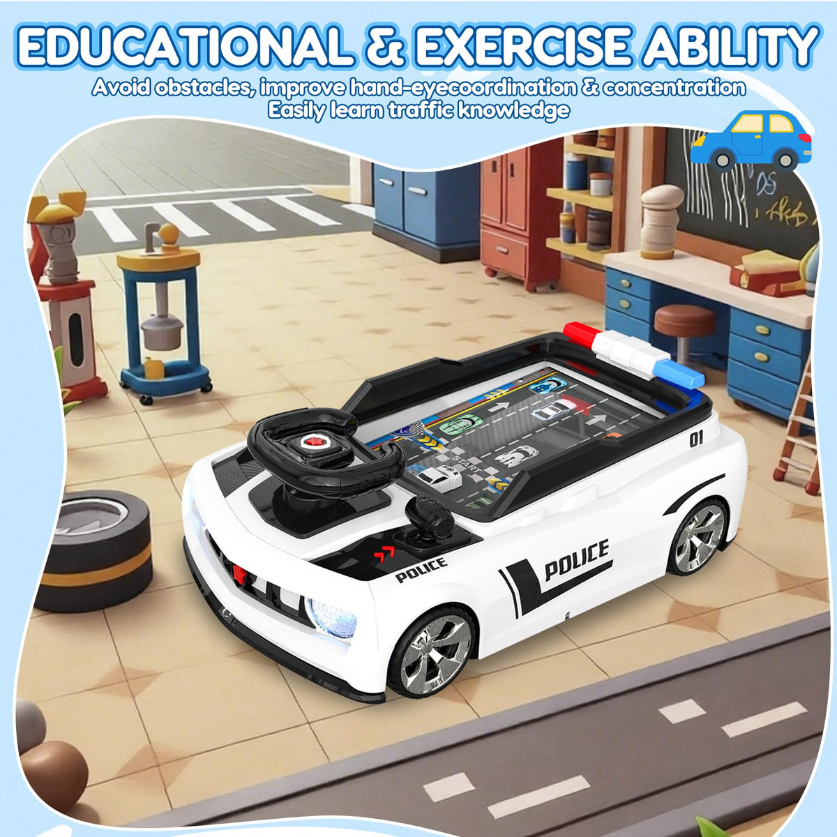 Mytothfy steering wheel toy dash display highlights immersive traffic scenarios for pretend driving.