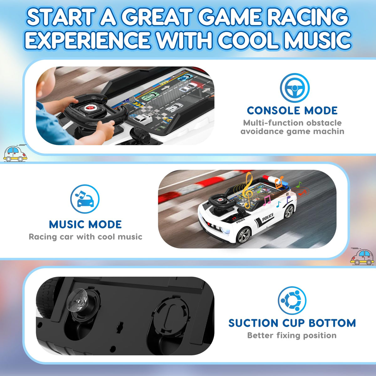 Mytothfy steering wheel toy suction cups keep it stable during energetic sessions.