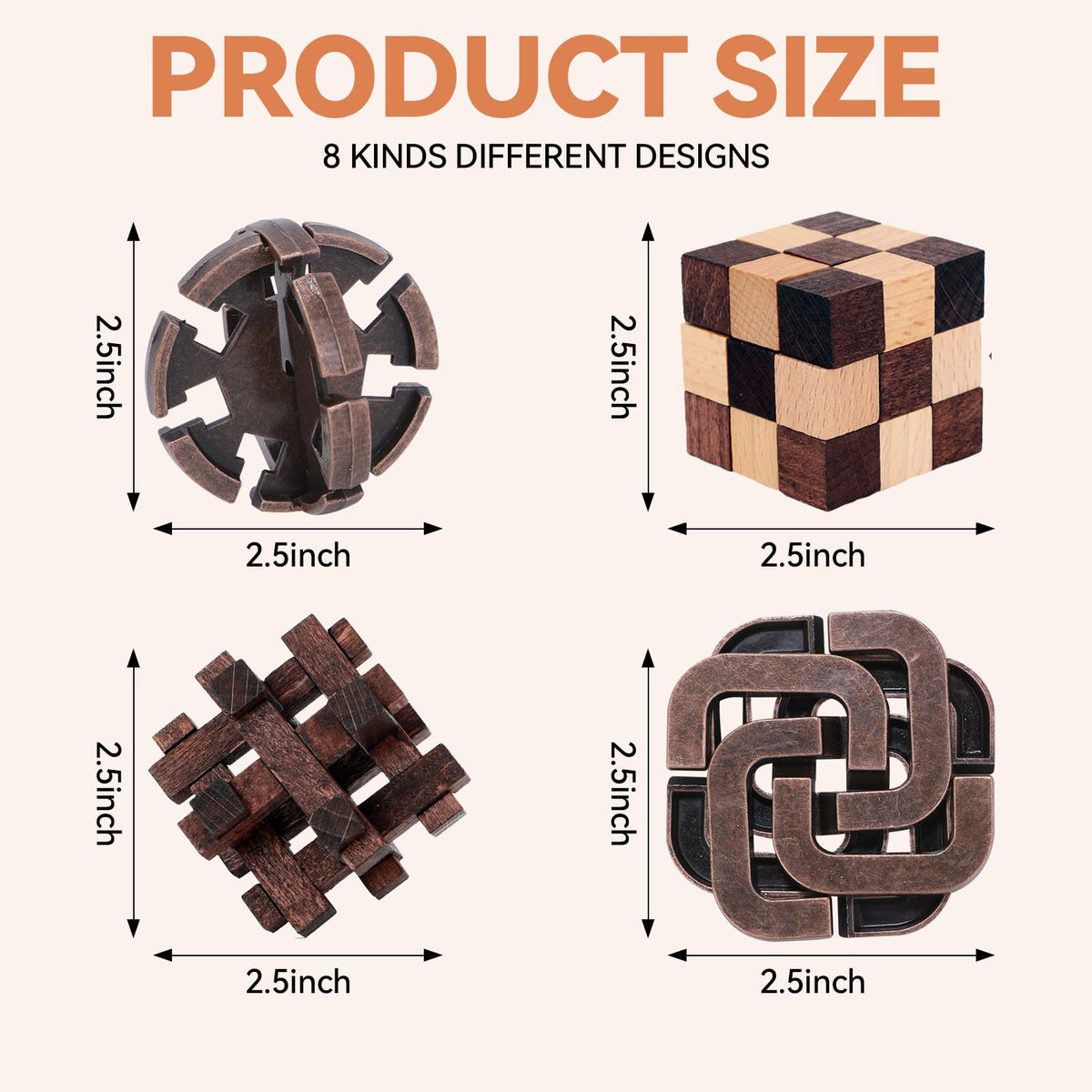 Mytothfy wooden brain teaser set laid out showing eight unique designs