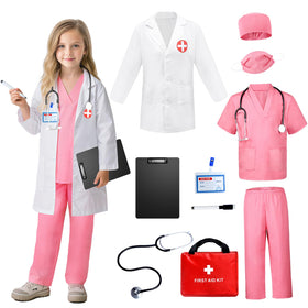 Nabobs doctor costume for kids in pink, front view, ideal for imaginative play