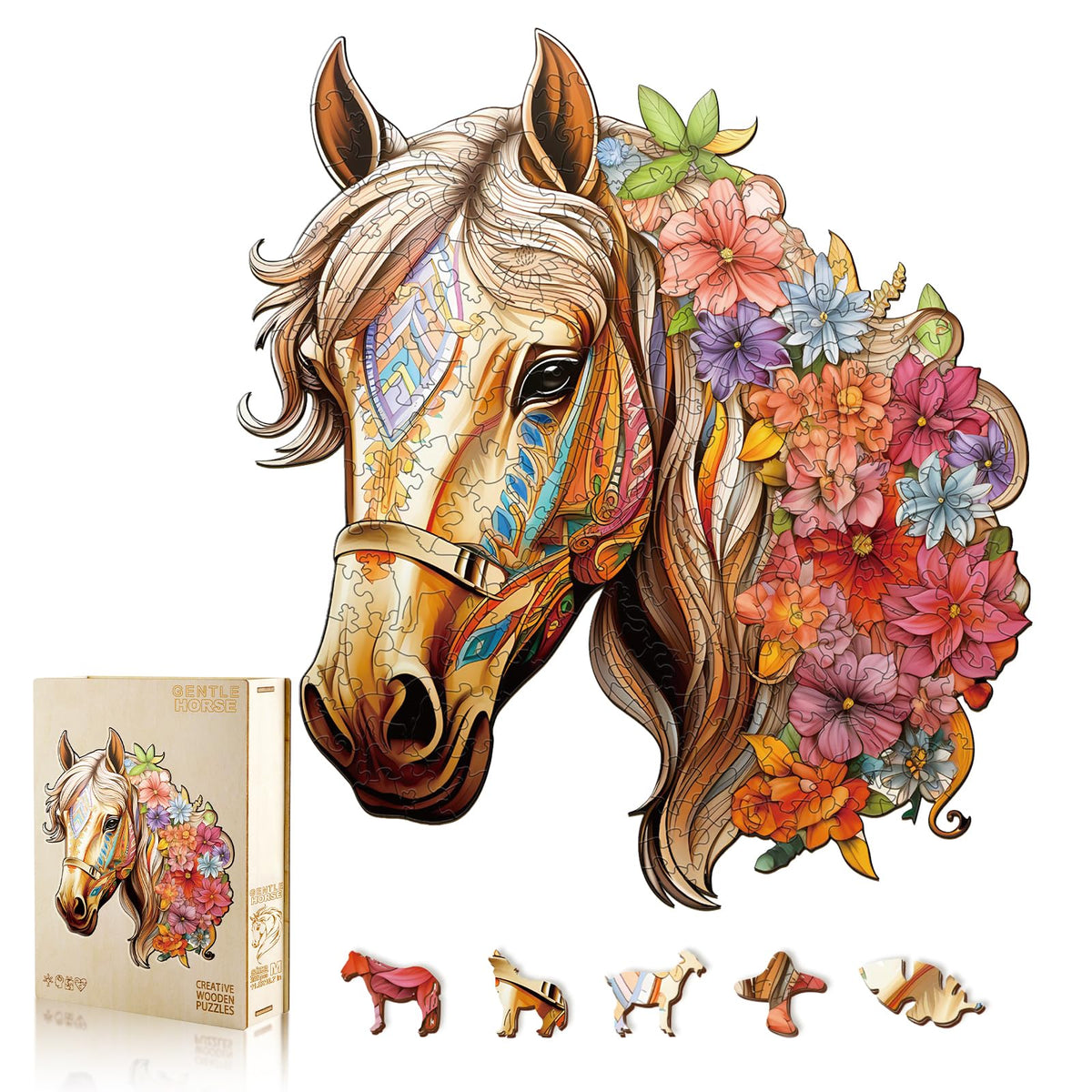 NABYSHOP wooden horse puzzle with floral neck detail promotes calm focus during play