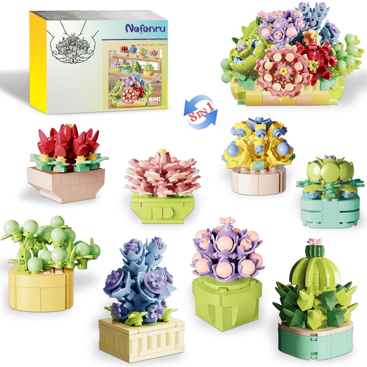 NAFONRU 8-in-1 botanical set with lego-compatible bricks for versatile home decor