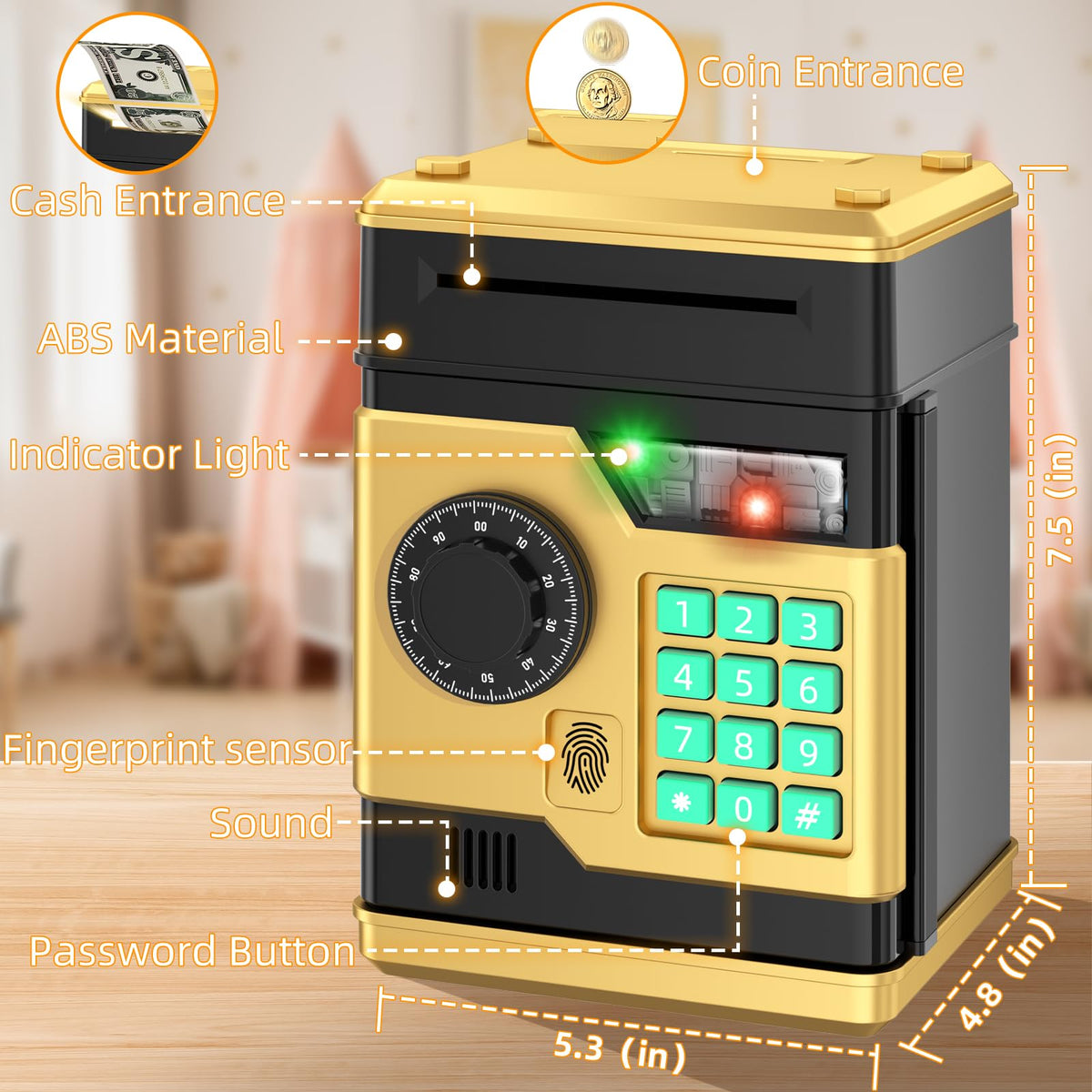 NAFEIV piggy bank capacity showing coins and notes for longer saving sessions