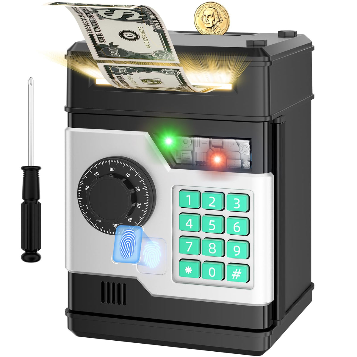 NAFEIV Piggy Bank door unlocking with password and fingerprint for secure access.