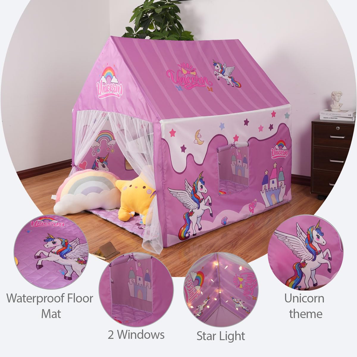 Naibrxh unicorn castle playhouse star lights create magical ambiance for evening stories.