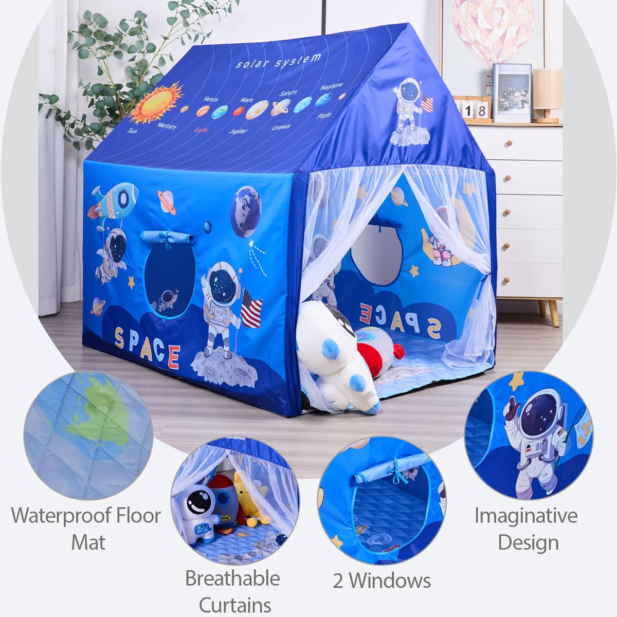 Naibrxh Space Rocket Tent open entrance shows spacious interior for multiple kids