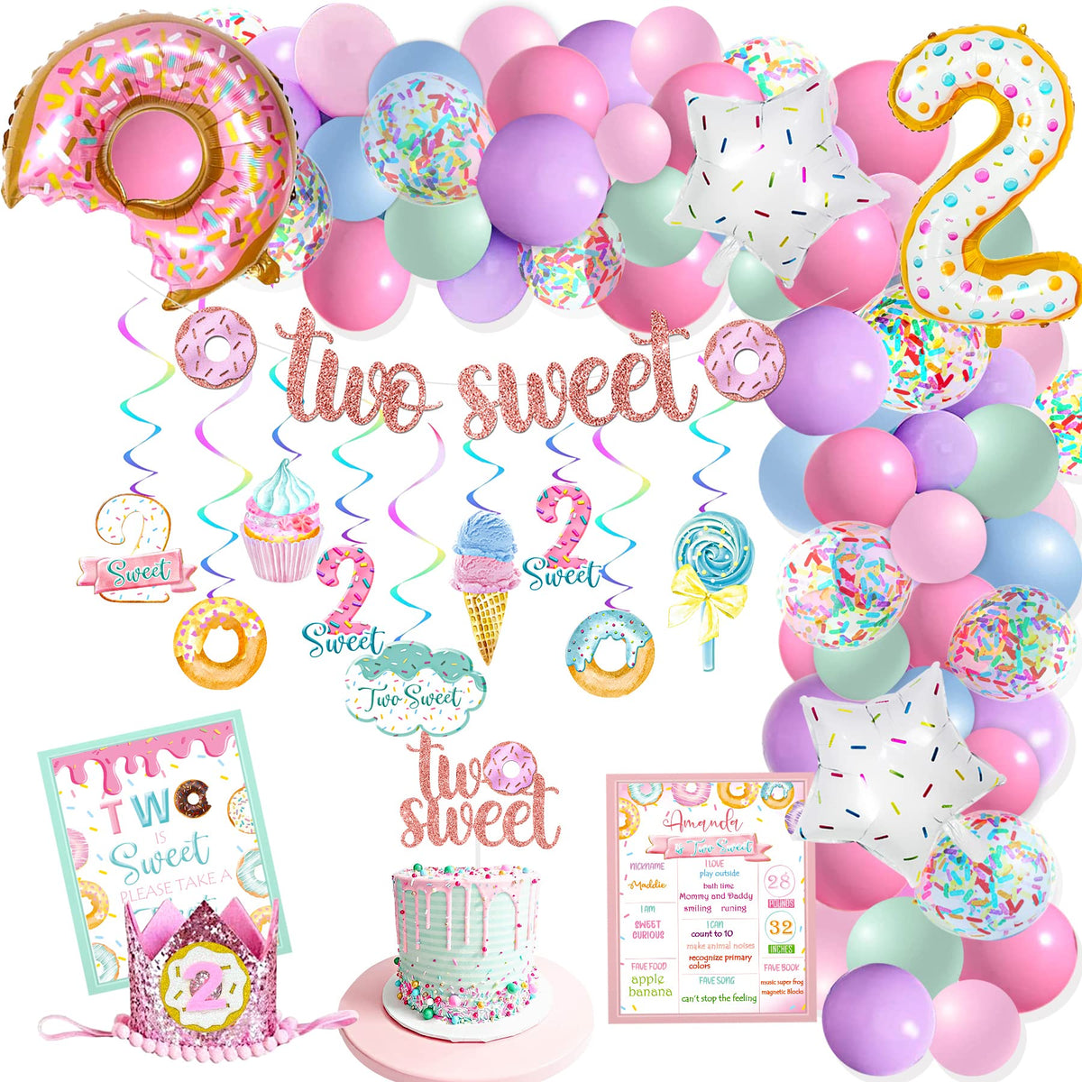 NALONER Two Sweet banner and cake topper for stylish girl's 2nd birthday party.