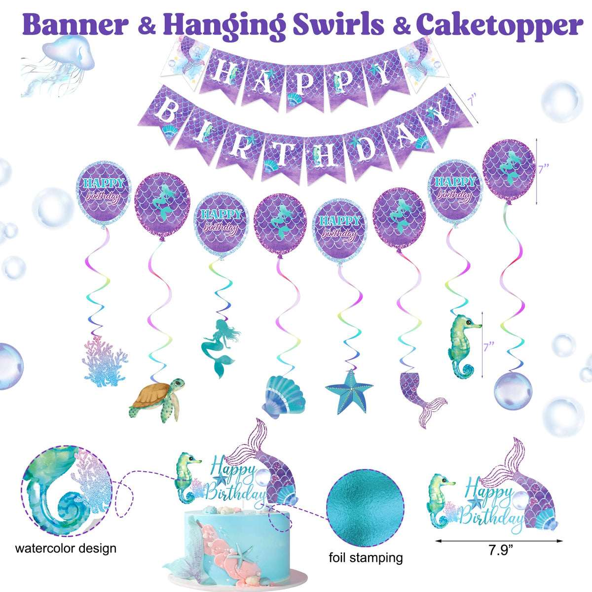 Nalyee mermaid table centerpiece set creates shimmering focal points for cake and treats.