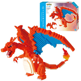 Nanoblock Charizard Deluxe Edition front view, ideal for display-ready micro-scale art.