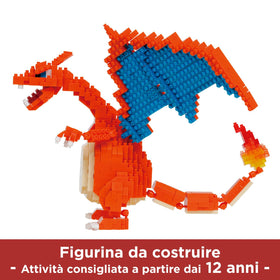 Nanoblock Charizard Deluxe Edition palm-size display emphasizes compact, detailed build.