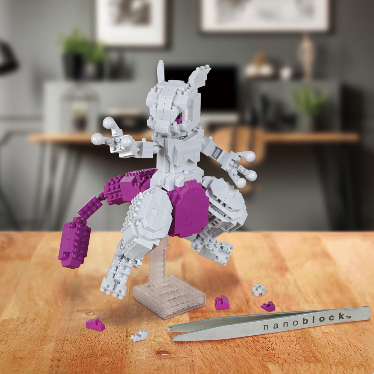 Official Kawada licensed Nanoblock Mewtwo Deluxe Edition label on packaging.