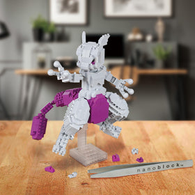 Official Kawada licensed Nanoblock Mewtwo Deluxe Edition label on packaging.
