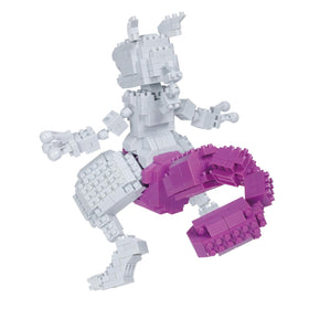 Palm-sized Nanoblock Mewtwo Deluxe Edition on display for fans.