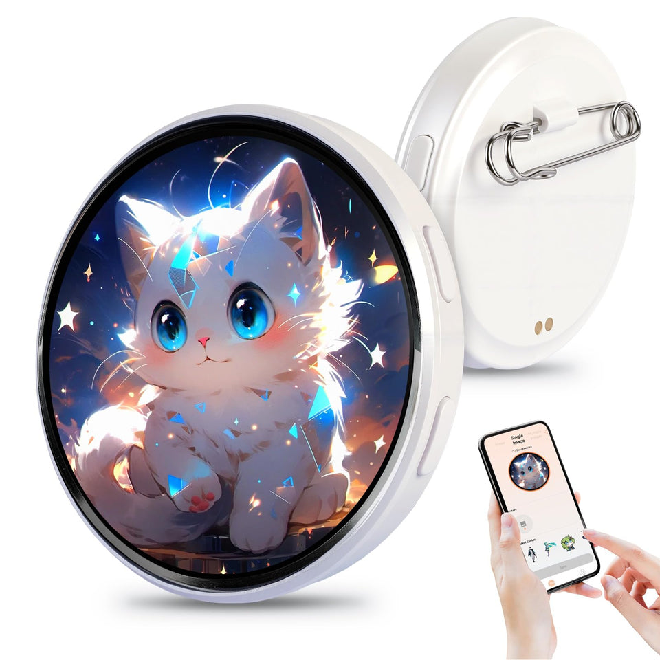 NANSIKE digital badge pin with pixel screen displaying anime art on a backpack.