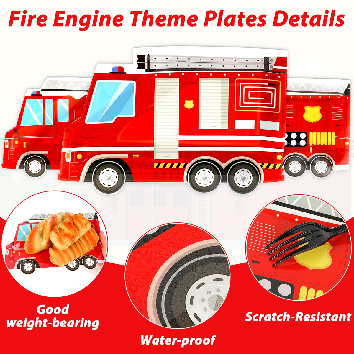 Naozinebi firetruck tableware helps create a cohesive firefighter tablescape.