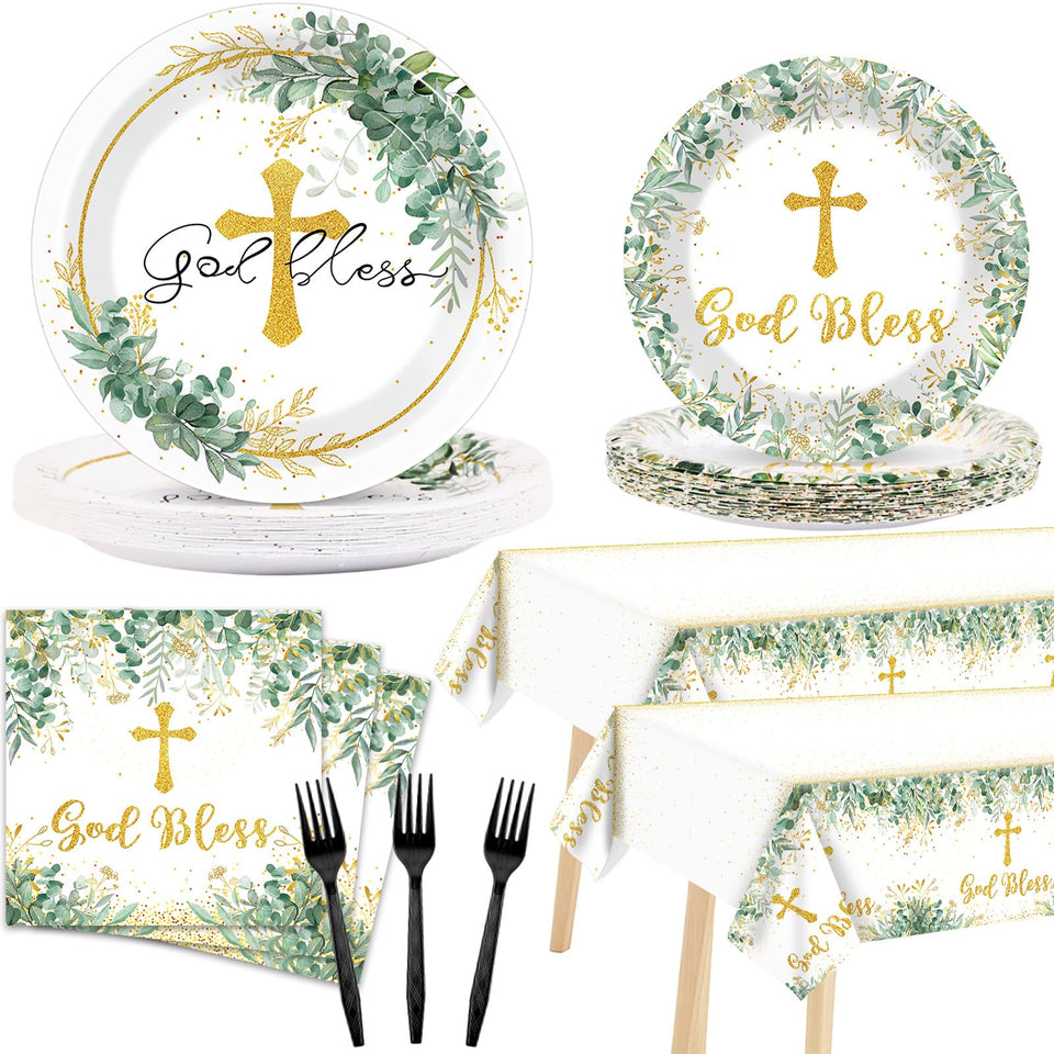 Naozinebi God Bless baptism plates for quick cleanup after the ceremony.