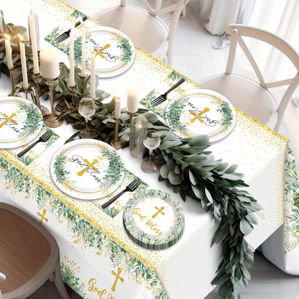 Naozinebi sage and eucalyptus tablecloth enhances refined ambience.