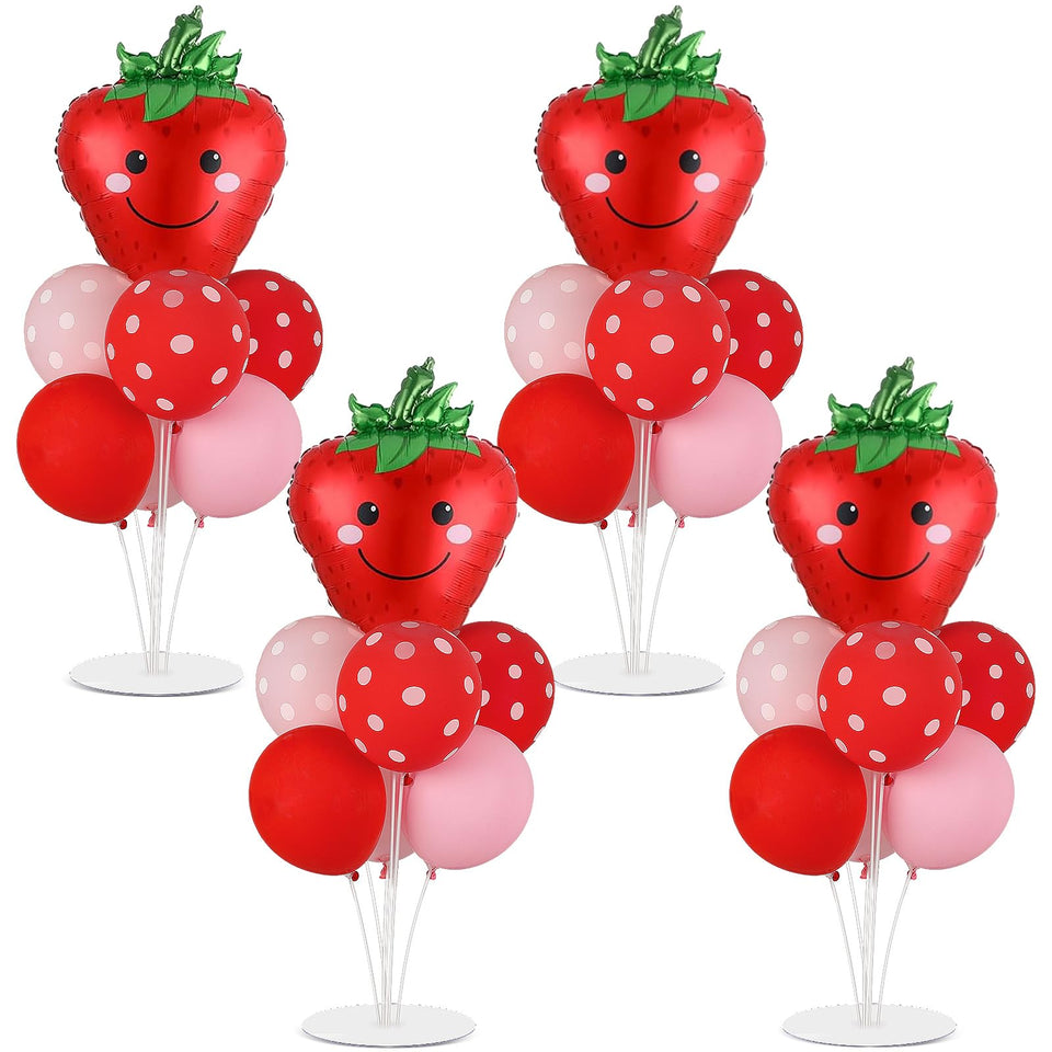 Naozinebi strawberry balloons stand kit on a table centerpiece for celebrations.