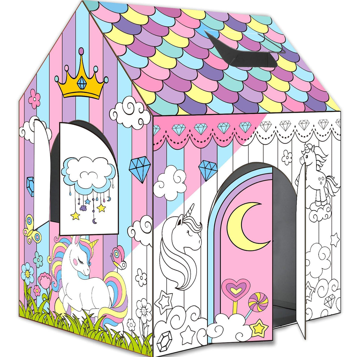 Naozinebi Unicorn Playhouse 32x26x41 inches colorable cardboard house for kids