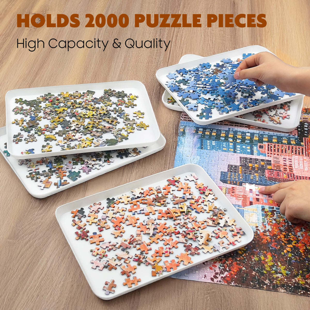 Nariolar trays demonstrate compact storage for tidy puzzling sessions.