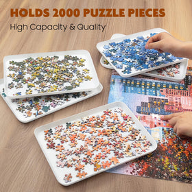Nariolar trays demonstrate compact storage for tidy puzzling sessions.