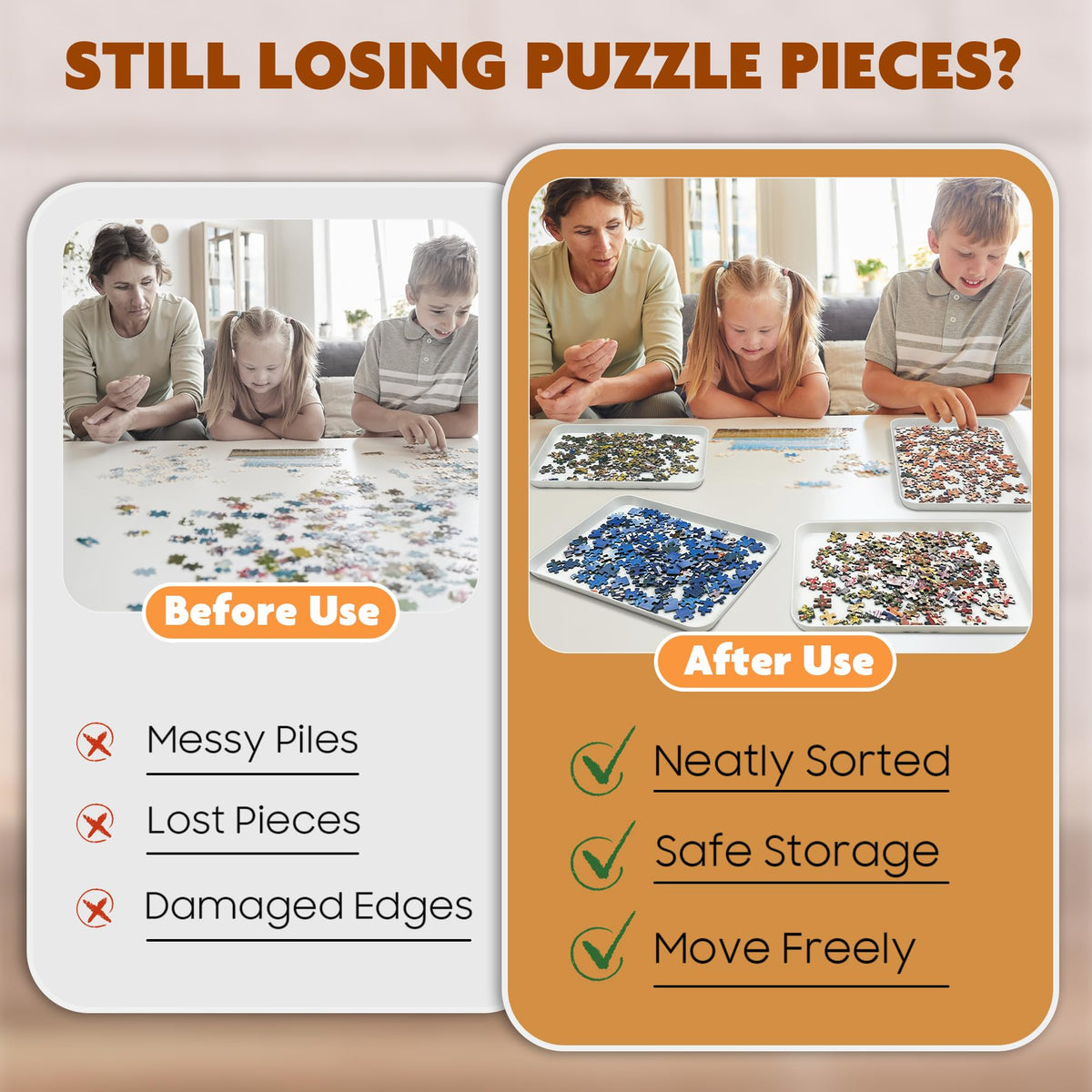 Nariolar puzzle trays laid out on a desk during a puzzling session.