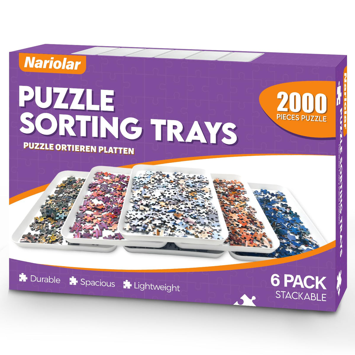 Nariolar puzzle sorting trays stackable, six trays arranged for easy organization.