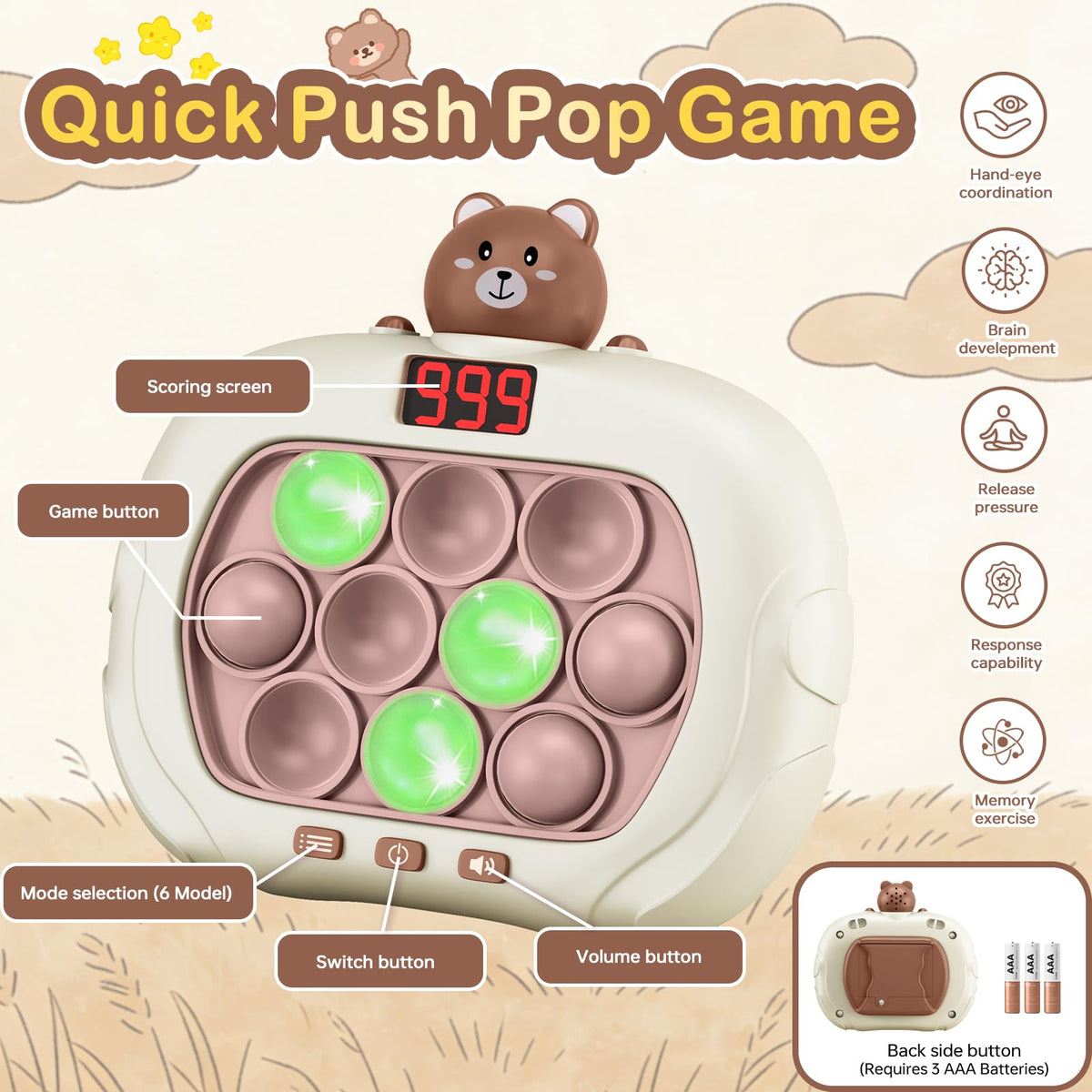 Narotood Quick Push Pop Game LED challenge screen tracks progress.