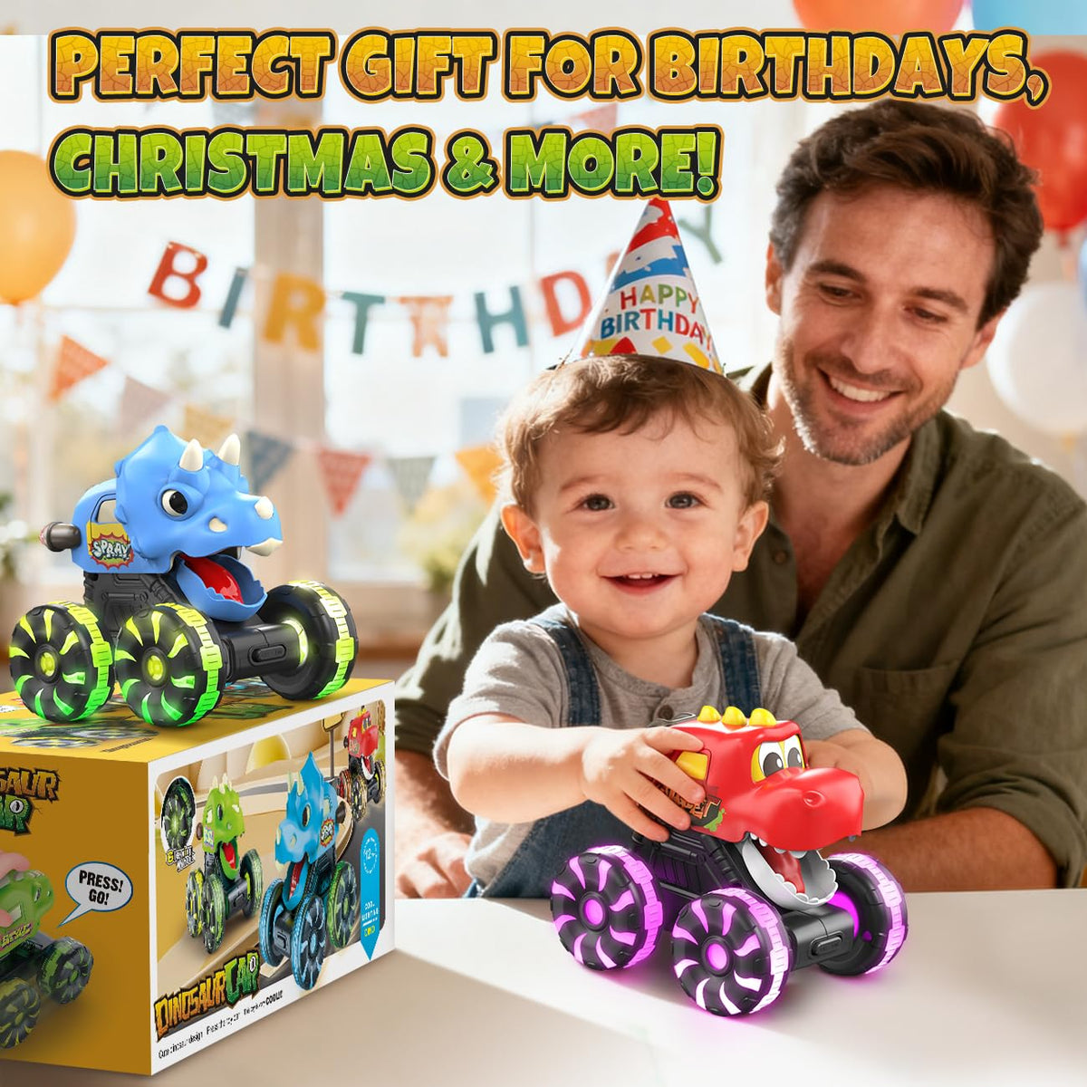 NARRIO Gift-ready dinosaur trucks make a playful birthday surprise.