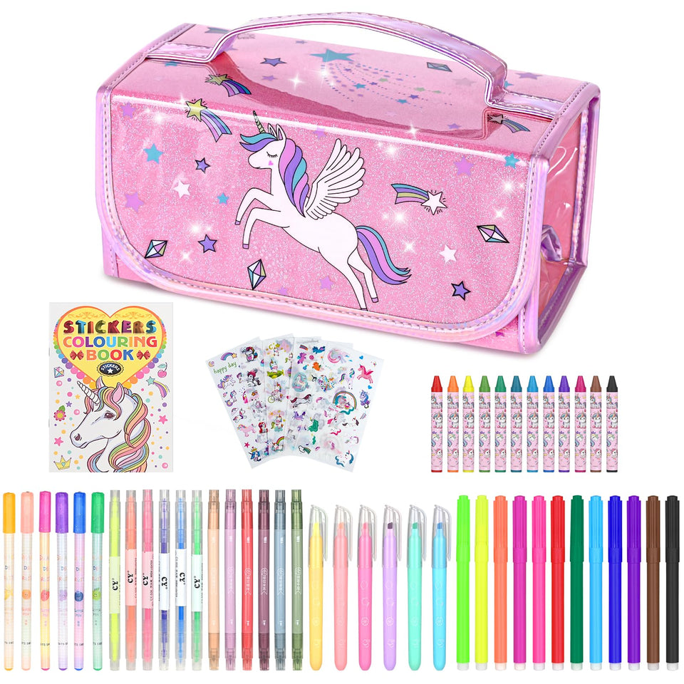 nasominako unicorn pencil case keeps markers organized and portable.