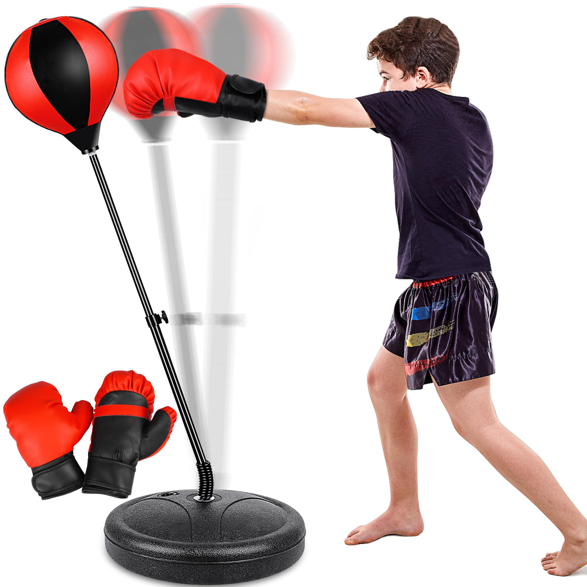 NATGGZ height adjustable punching bag base demonstrates a stable stand for kids' practice.