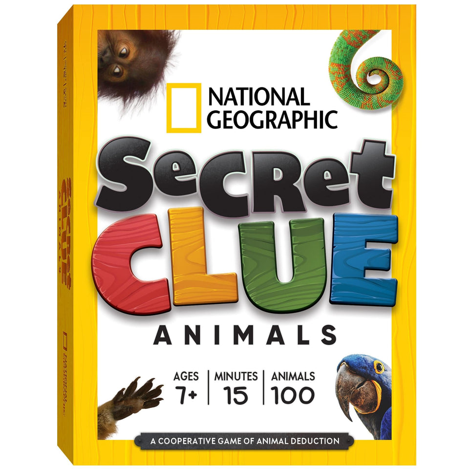 National Geographic Secret Clue Animals card game: vivid cards inviting kids to explore animals together.