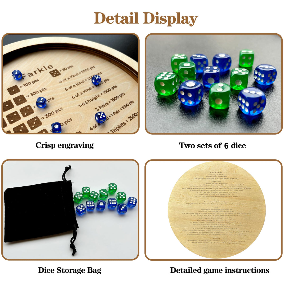 NatldGs Farkle Dice Tray engraved rules on back for easy onboarding