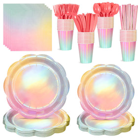 NatNarr iridescent pastel plates brighten birthday tables with a shimmering, chic finish
