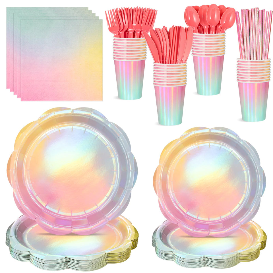 NatNarr iridescent pastel plates brighten birthday tables with a shimmering, chic finish