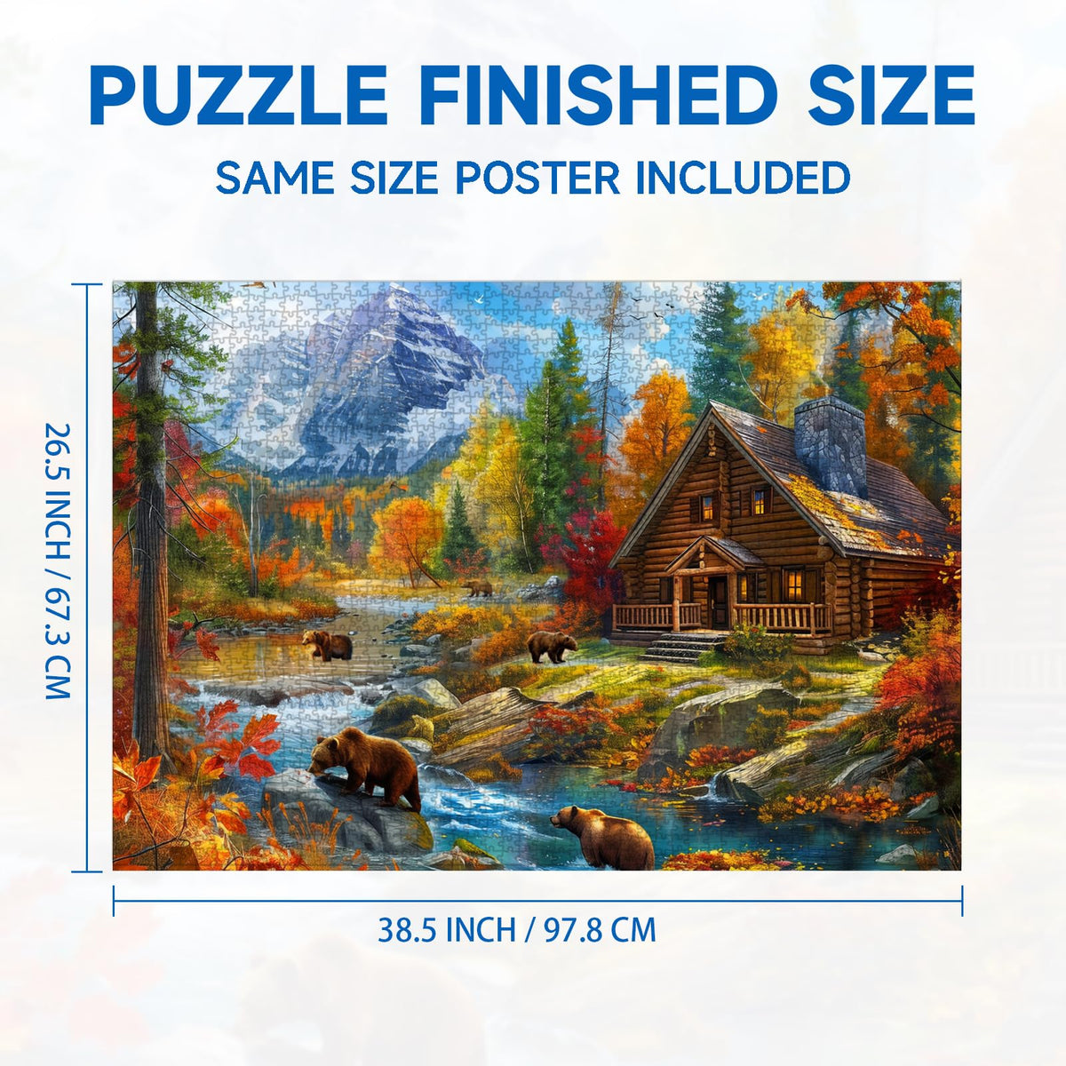 Finished Bear Village puzzle measures 38.5 by 26.5 inches for wall display.
