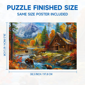 Finished Bear Village puzzle measures 38.5 by 26.5 inches for wall display.