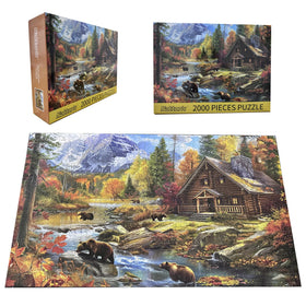 Completed Bear Village puzzle framed as wall decor in a living room.