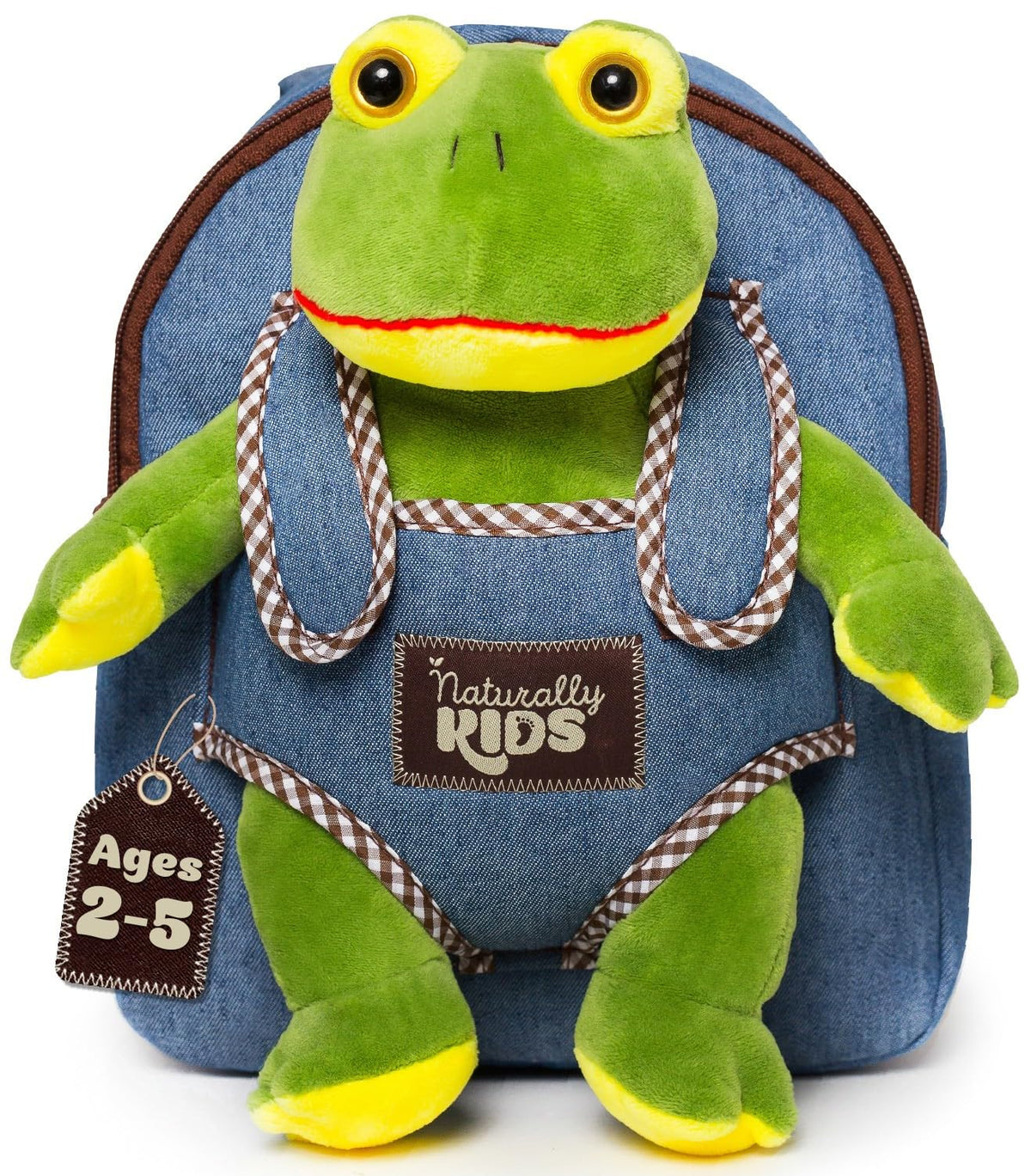Naturally KIDS Frog Backpack front view with plush toy, ideal for toddlers.