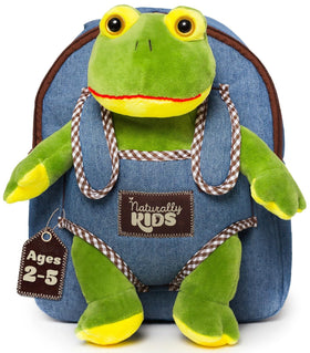 Naturally KIDS Frog Backpack front view with plush toy, ideal for toddlers.
