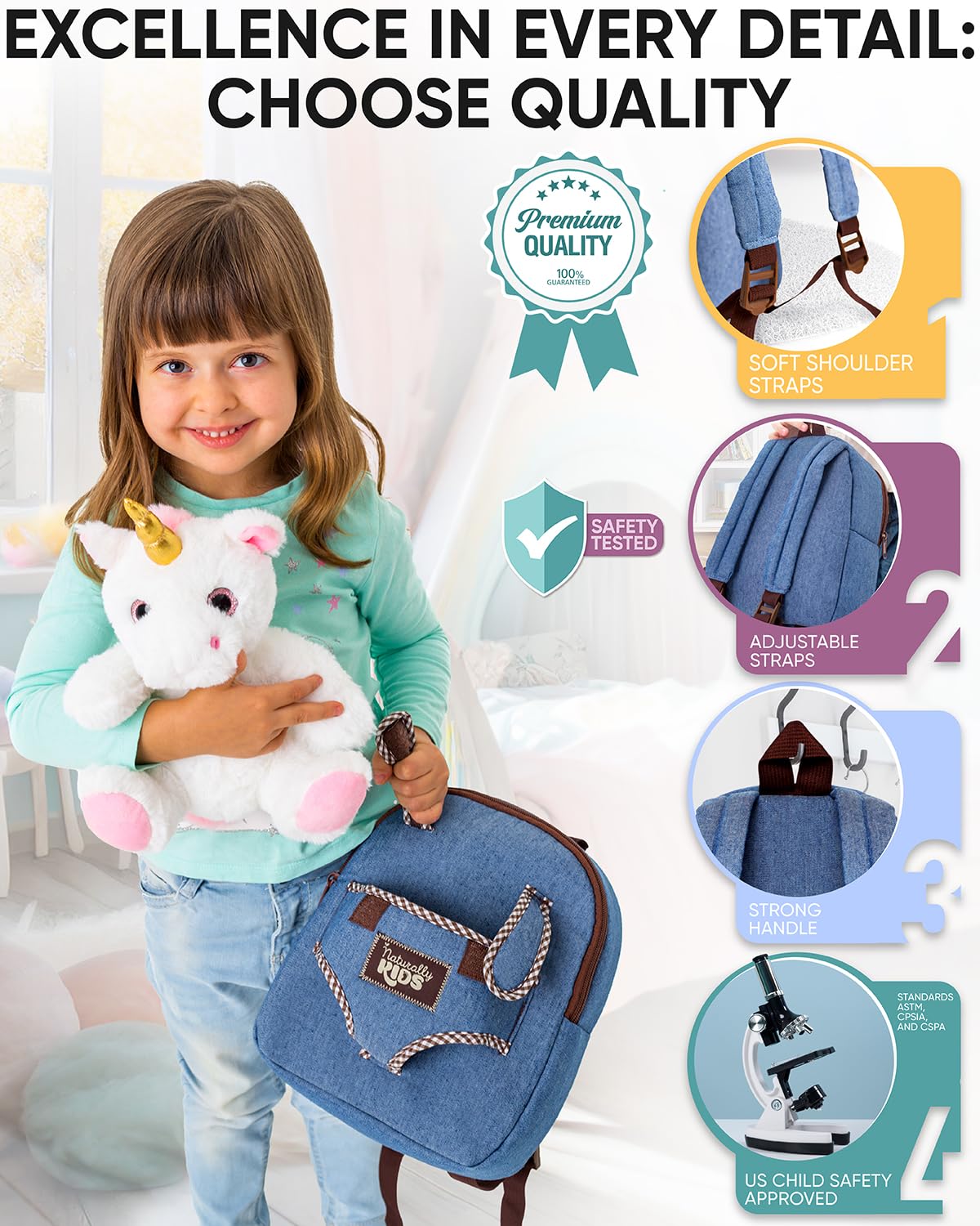Naturally KIDS backpack padded straps ensure comfy wear during activity.