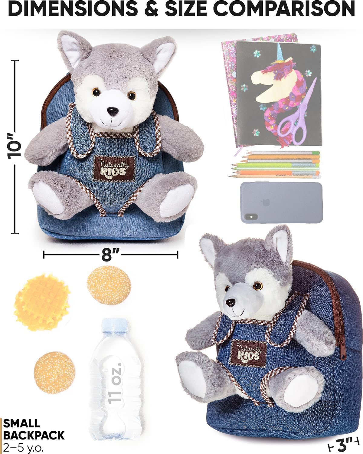 Naturally KIDS Wolf Backpack shows its compact 10in x 8in x 3in size for small shoulders.