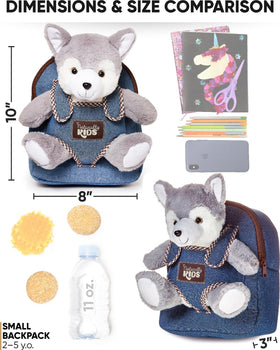 Naturally KIDS Wolf Backpack shows its compact 10in x 8in x 3in size for small shoulders.