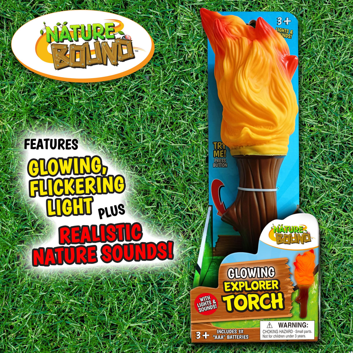 Nature Bound Explorer Torch flicker creates realistic campfire ambiance during playtime.