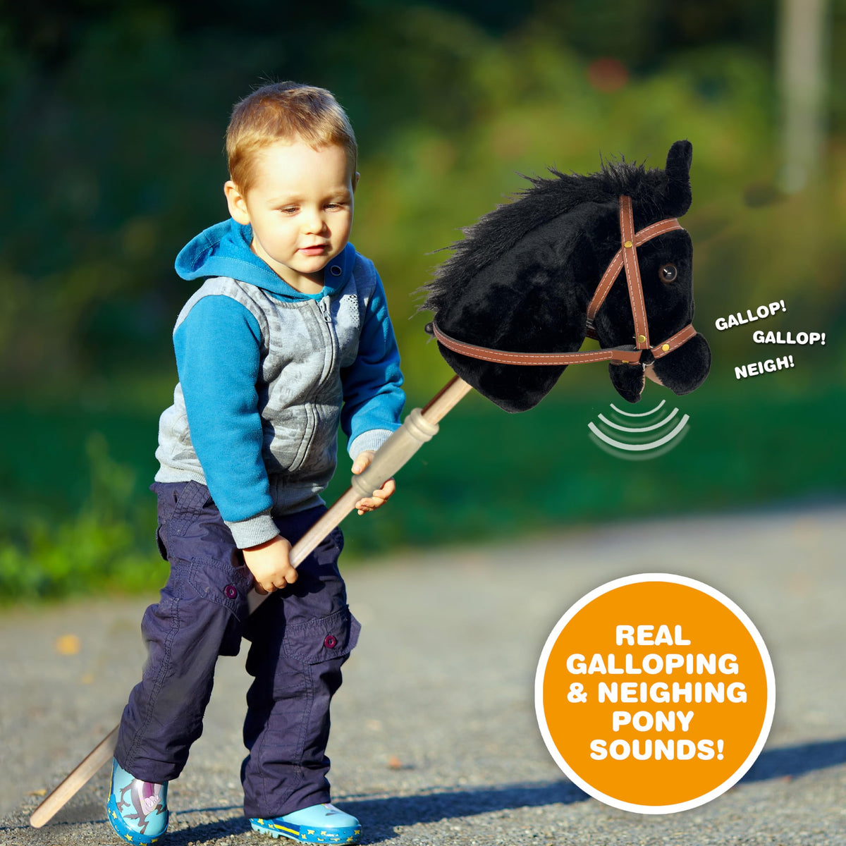 Nature Bound Stick Horse Black pretend-play companion sparks imagination during outdoor adventures.