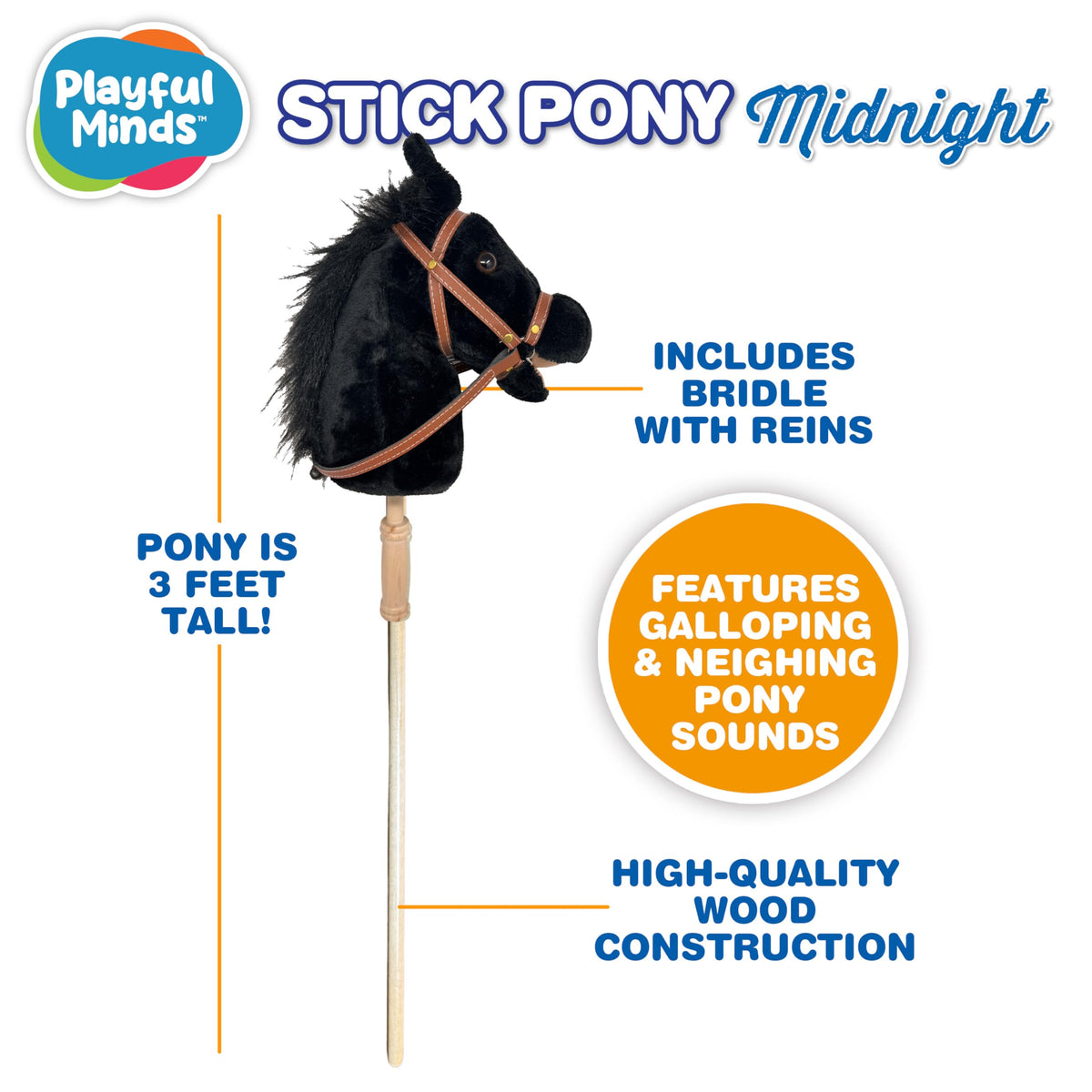 Nature Bound Stick Horse Black wooden handle delivers sturdy grip for active pretend play.