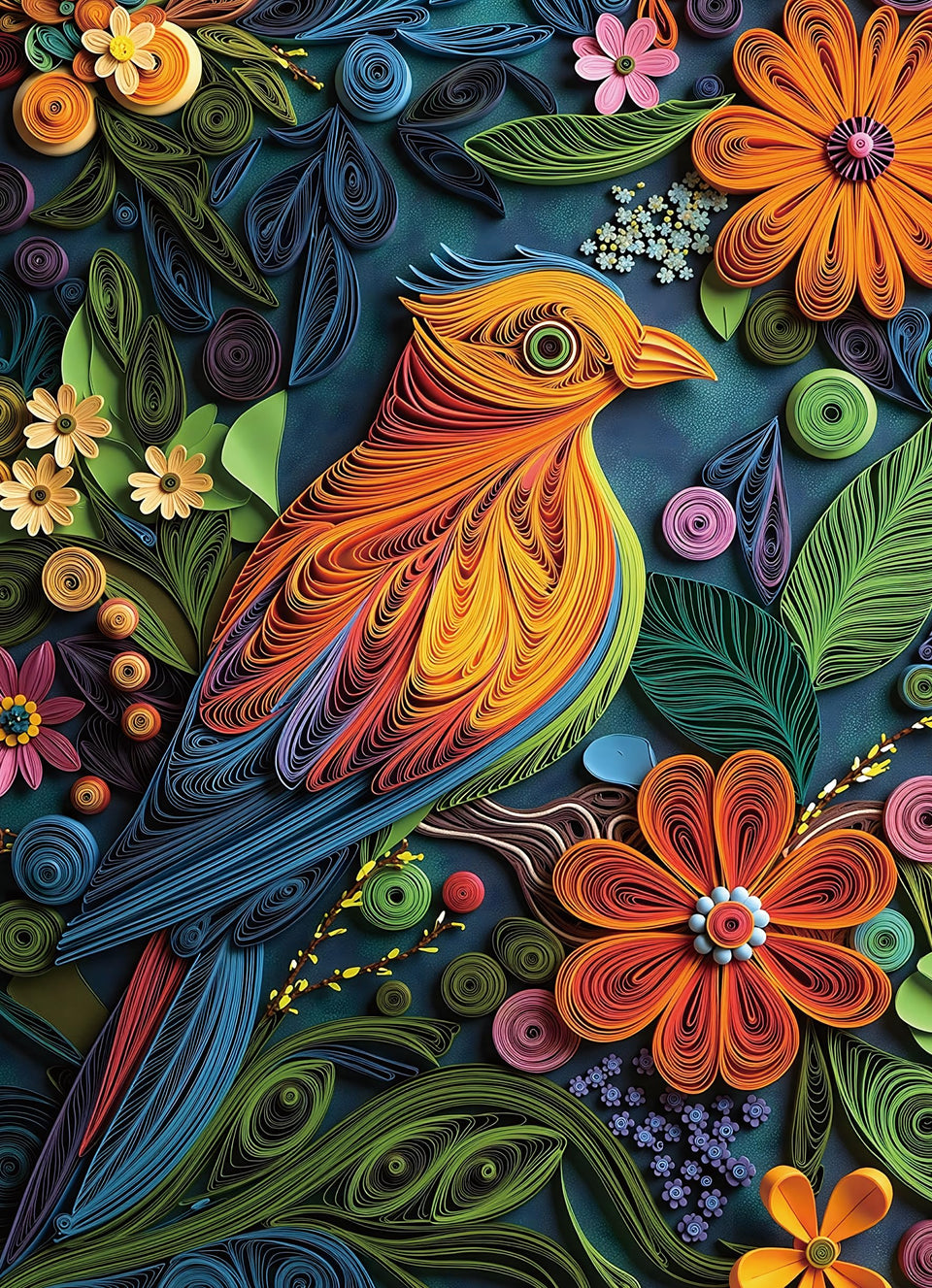 Naturelish 1000-piece puzzle featuring a vibrant quilled forest bird for mindful focus