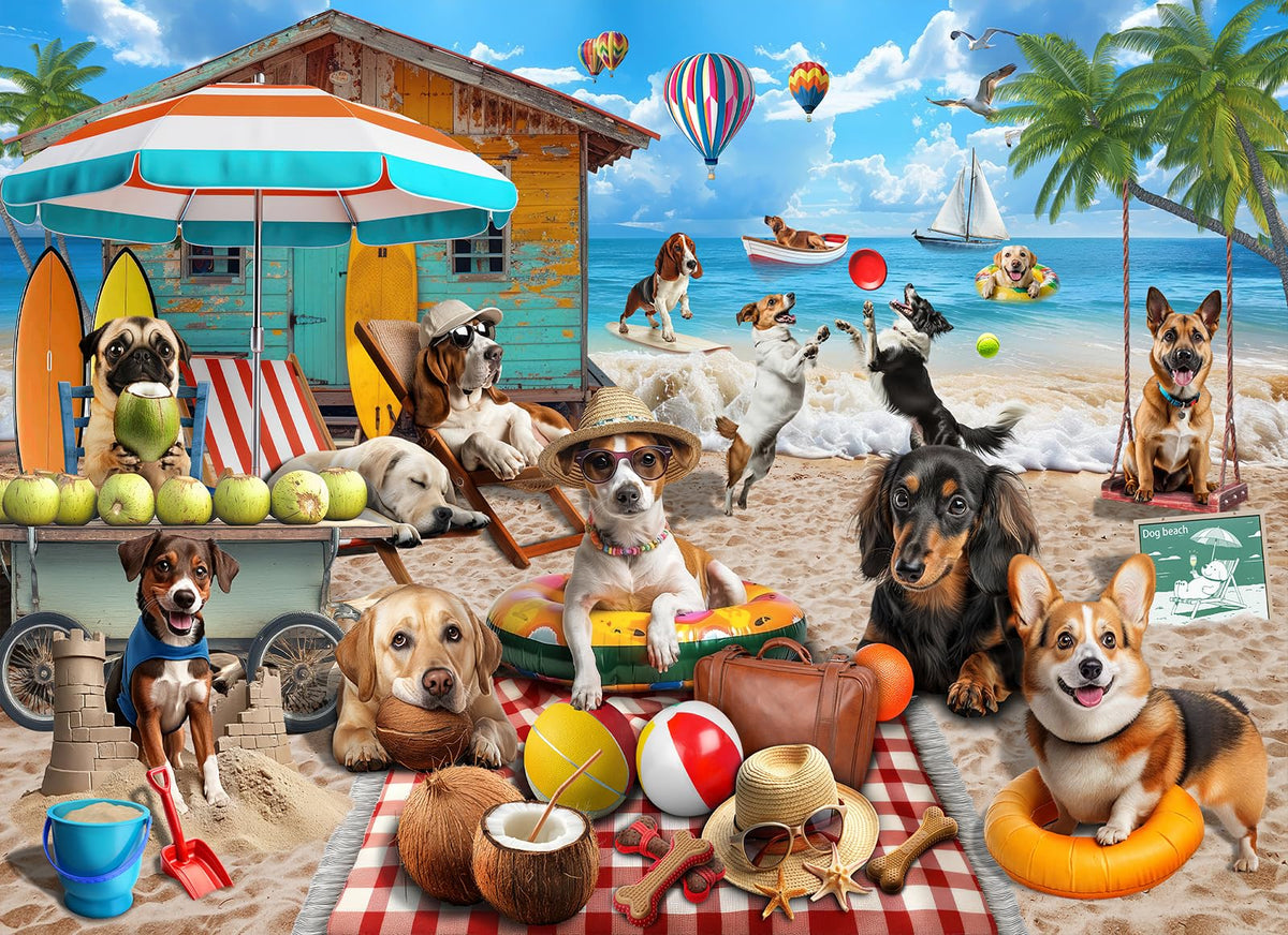 Naturelish dog days at the beach puzzle front cover for relaxing weekend activity.