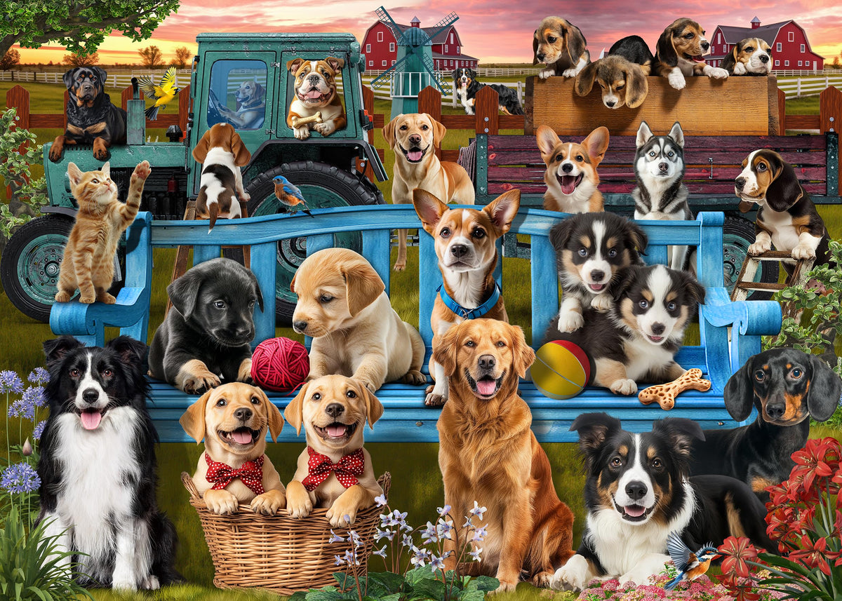 Naturelish dog-family puzzle scene featuring Beagle, Samoyed and retrievers for dog lovers.